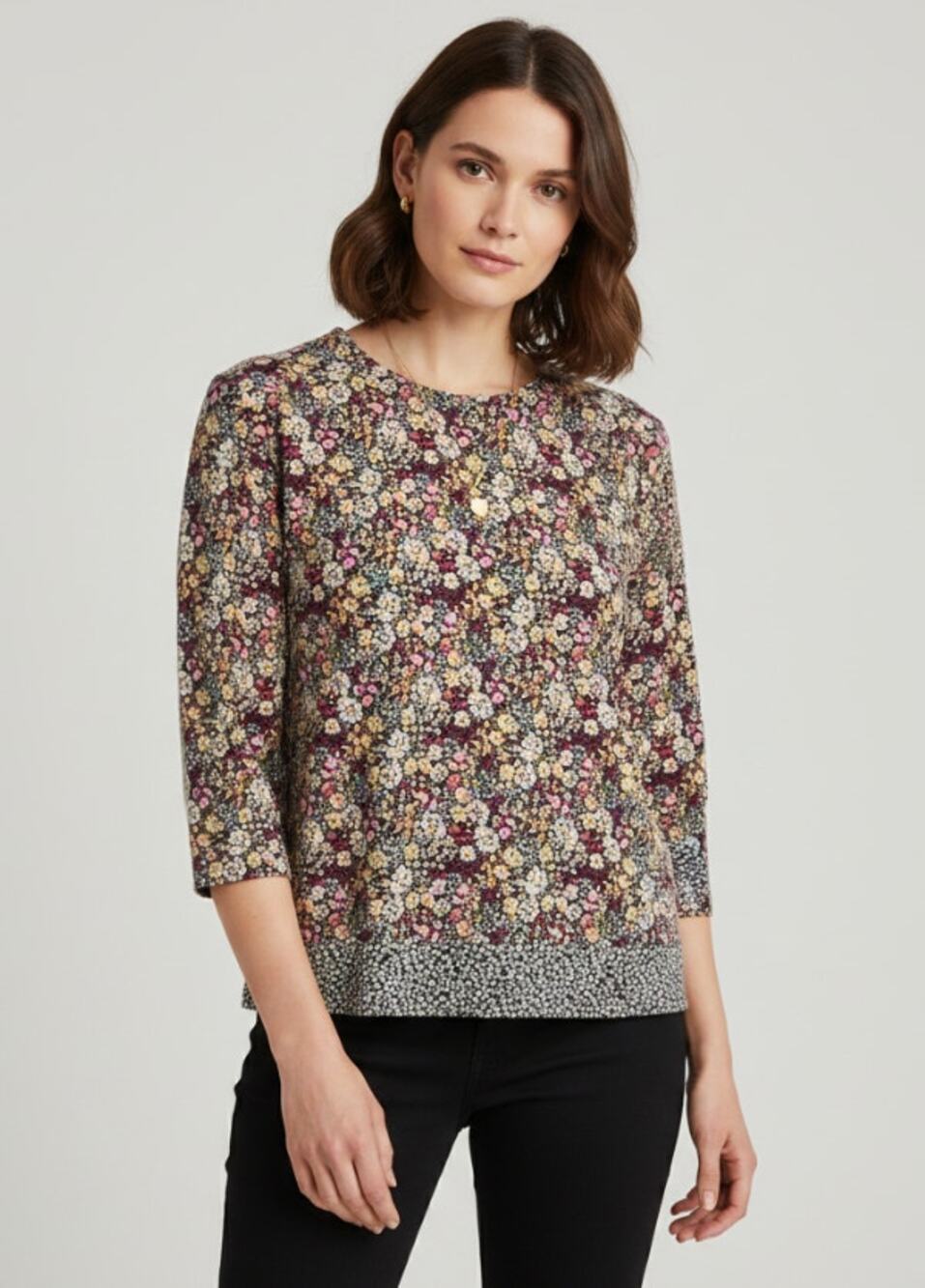 J. JILL AMELIA FLORAL PLEAT BACK EASY TEE THREE QUARTER SLEEVE TOP MULTI XSMALL